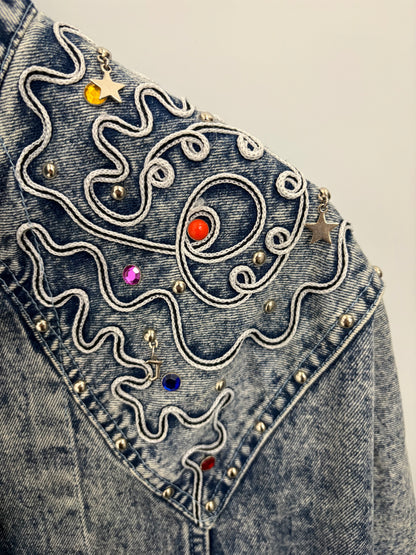 Vintage Acid-Wash Embroidered Womens Denim Jacket Size L/XL