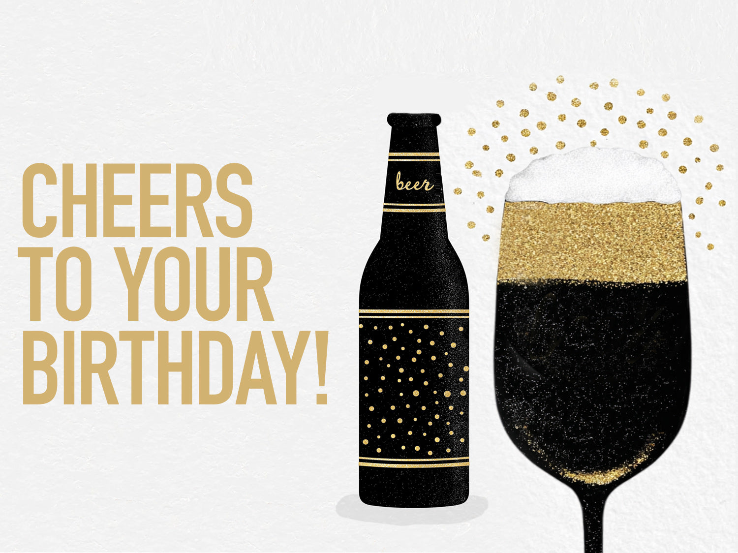 Black bottle and glass with gold accents and 'Cheers to Your Birthday!' text on a white background