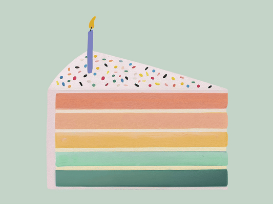 GIF of Colorful birthday cake card with a candle on a light green background. Copy appears reading 'wishing you a very happy birthday'
