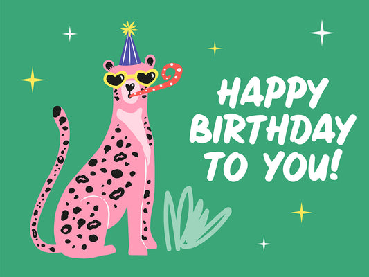 Cartoon cheetah with party hat and horn on a green background with 'Happy Birthday To You!' text.