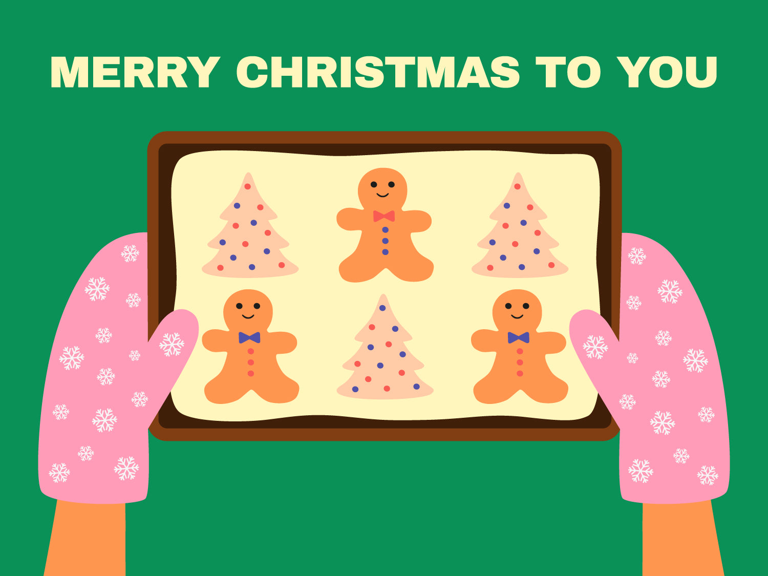 Illustration of gingerbread cookies on a tray with 'Merry Christmas to You' text on a green background.