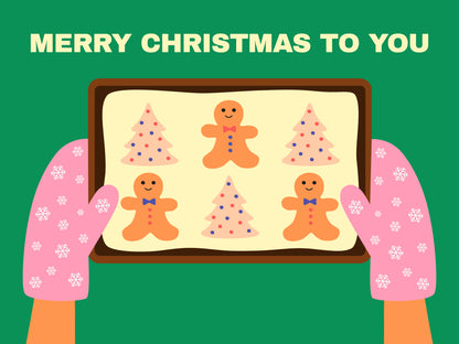 Illustration of gingerbread cookies on a tray with 'Merry Christmas to You' text on a green background.