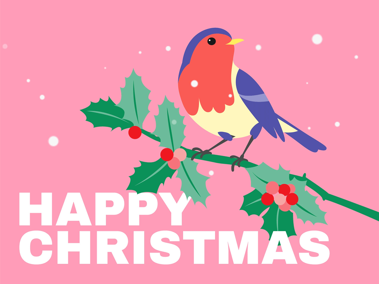 Cartoon bird on holly branch with 'Happy Christmas' text on pink background