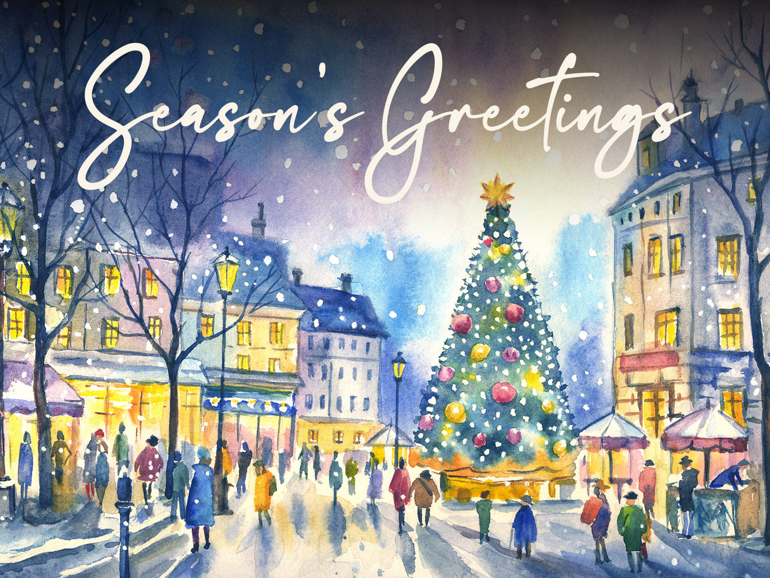 Watercolour illustration of a Christmas market with copy that reads 'Season's Greetings'