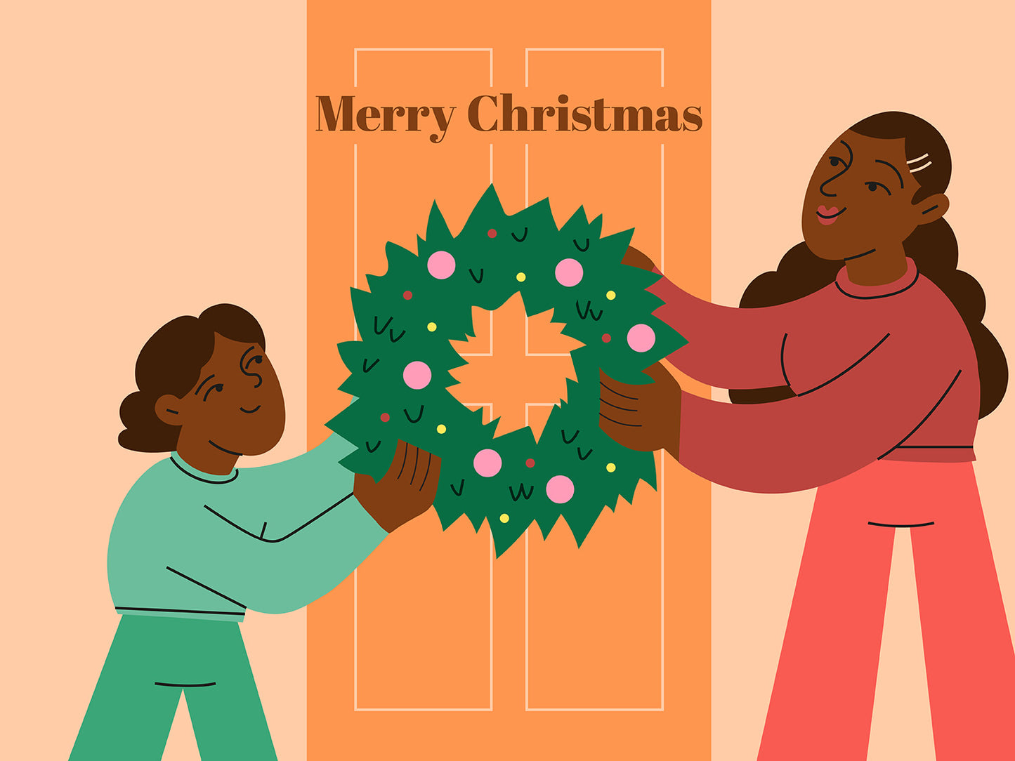 Two people holding a Christmas wreath with 'Merry Christmas' text on an orange and pink background.