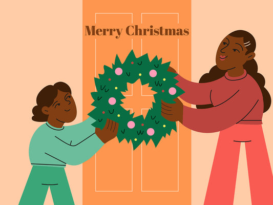 Two people holding a Christmas wreath with 'Merry Christmas' text on an orange and pink background.