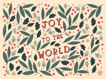 Decorative Christmas card with 'Joy to the World' text surrounded by holly leaves and berries on a beige background.