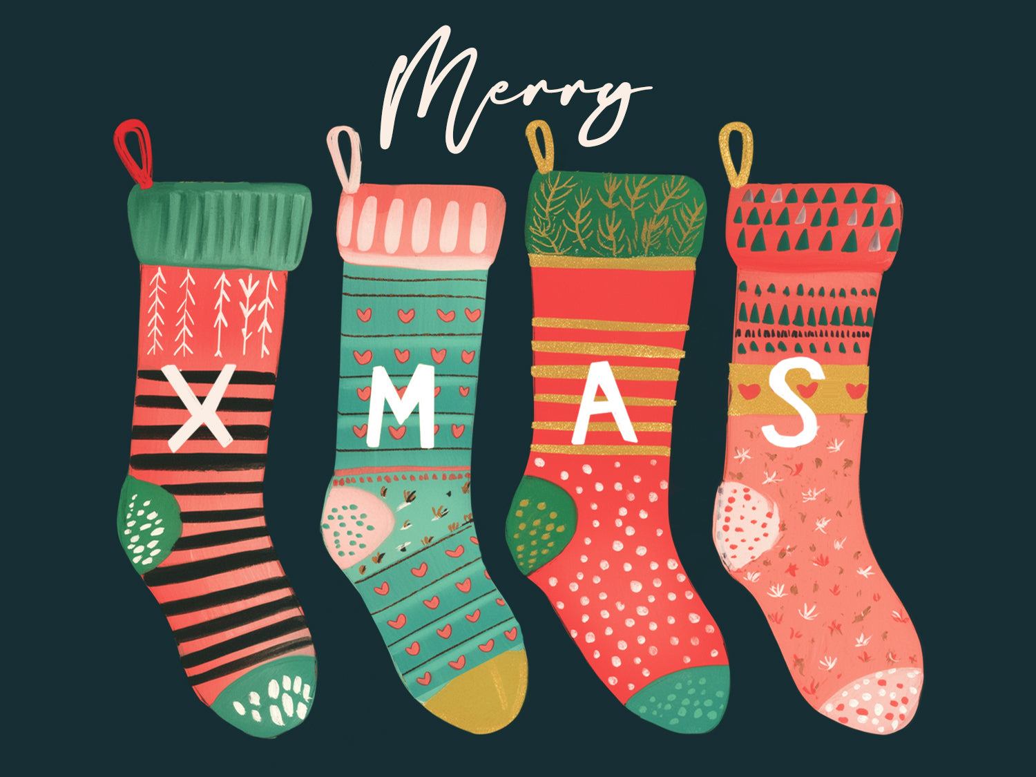 Four colorful Christmas stockings with letters spelling 'Merry Christmas' on a dark background.