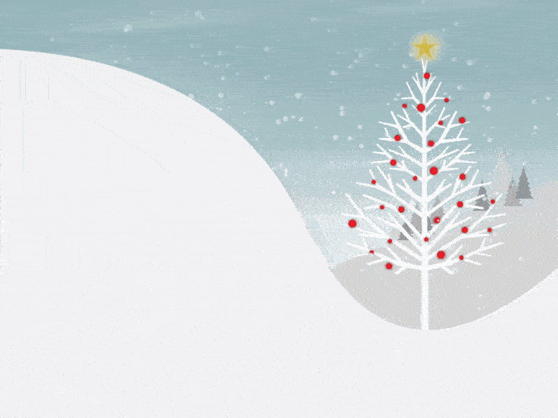 GIF showing cartoon Santa Claus approaching a decorated Christmas tree with 'Sending Christmas Cheer' text on a snowy landscape.