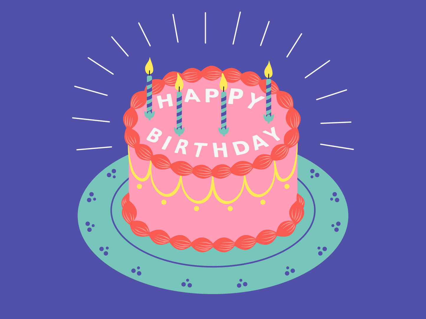 An illustration of a pink birthday cake with candles and pink icing on a green plate. There is text on top of the cake which reads 'Happy Birthday.'