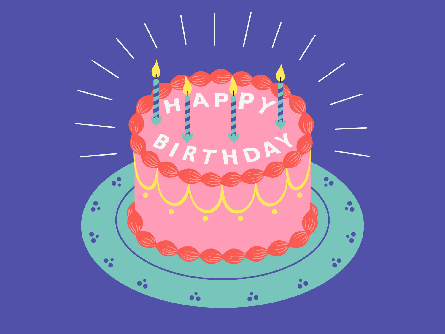 An illustration of a pink birthday cake with candles and pink icing on a green plate. There is text on top of the cake which reads 'Happy Birthday.'