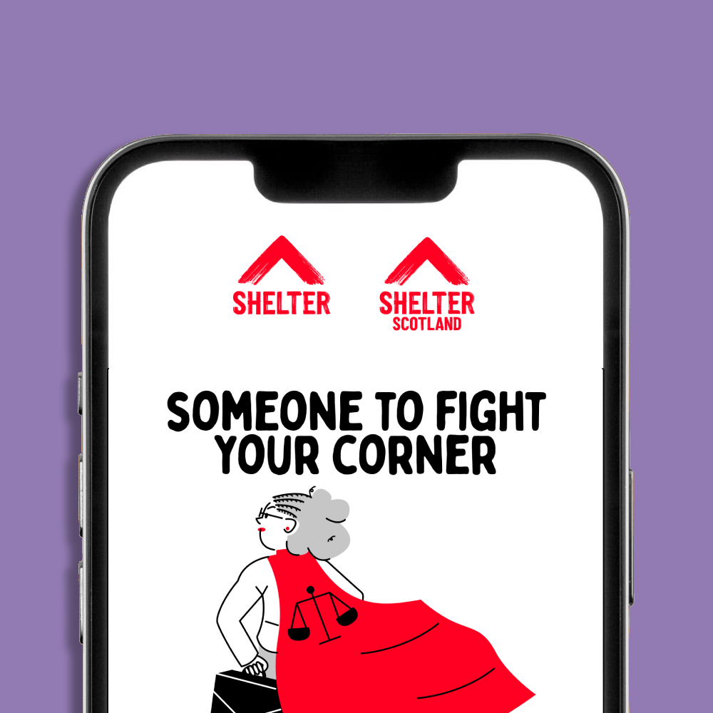 A smartphone mockup displaying a Shelter and Shelter Scotland logo and eCard design. The eCard design has text 'SOMEONE TO FIGHT YOUR CORNER' in black, and a cartoon figure wrapped in a red cape holding a briefcase.