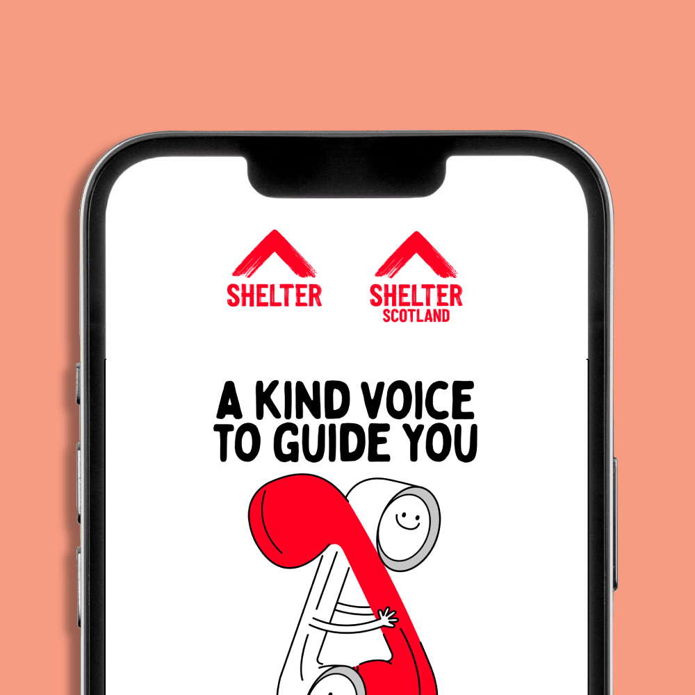 A smartphone mockup displaying the Shelter and Shelter Scotland logo and a welcoming message, 'A KIND VOICE TO GUIDE YOU,' with a red and white illustrated phone graphic. The phone is centered on a peach background.