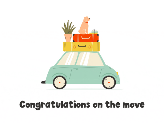 An animated blue car bouncing as it drives along with two suitcases, a plant pot and a dog sitting on the roof. Black text against a white background reads: 'Congratulations on the move'.