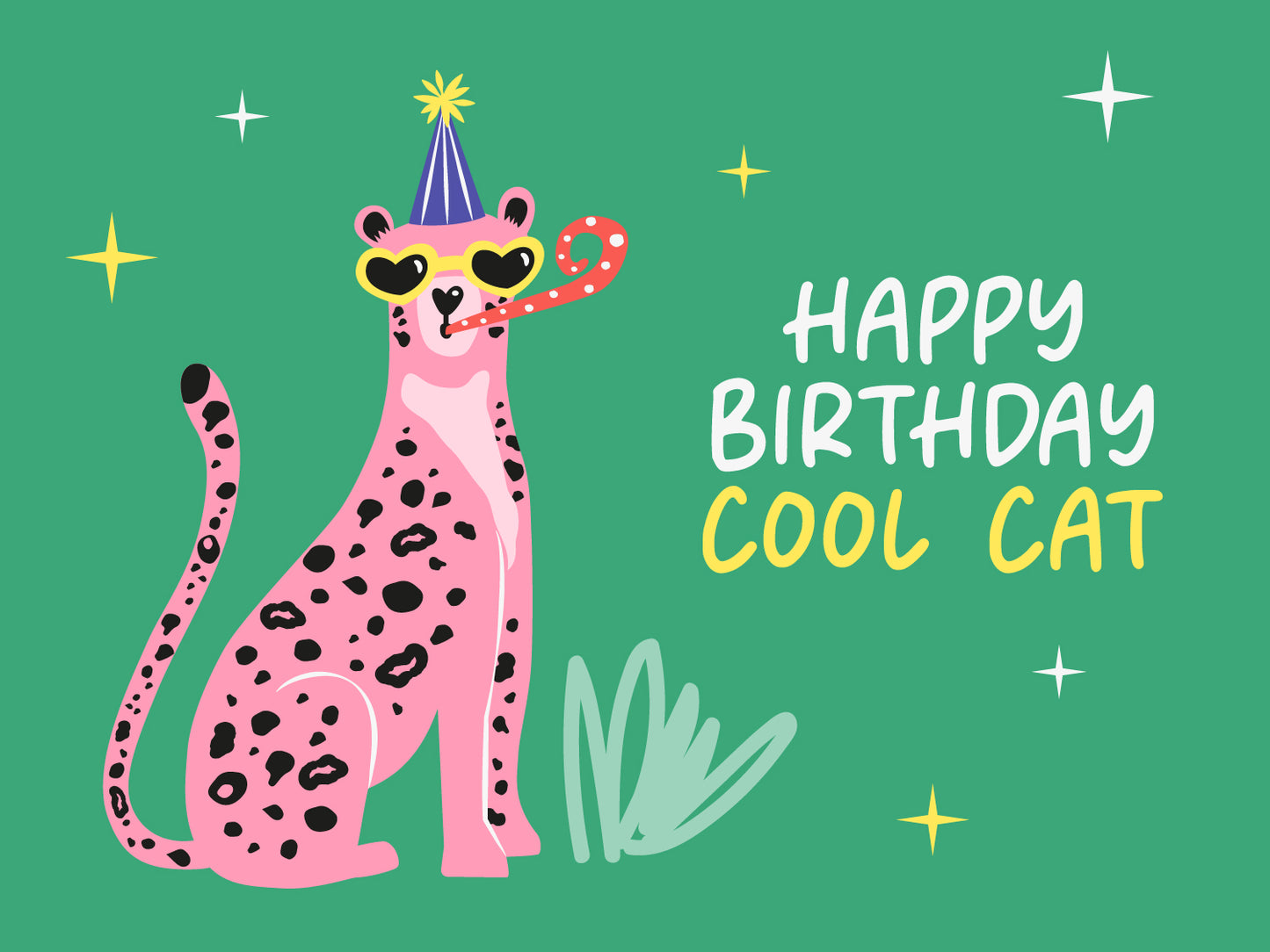 A colourful illustration of a pink cheetah wearing heart shaped sunglasses and wearing a party hat. The text reads 'Happy Birthday Cool Cat.'