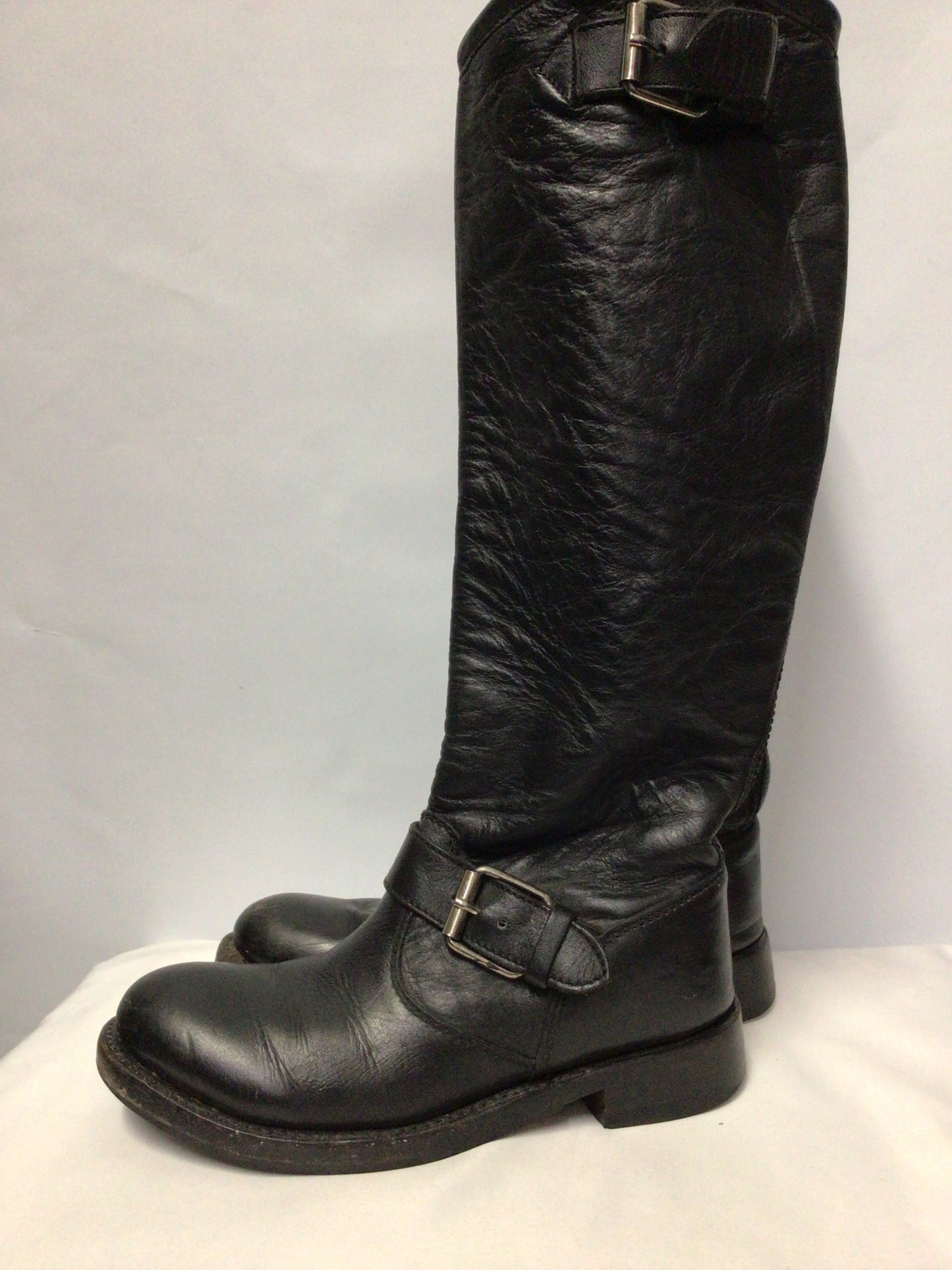 ASH Black Leather Buckle Detail Knee High Equestrian Style Boots UK 2.5