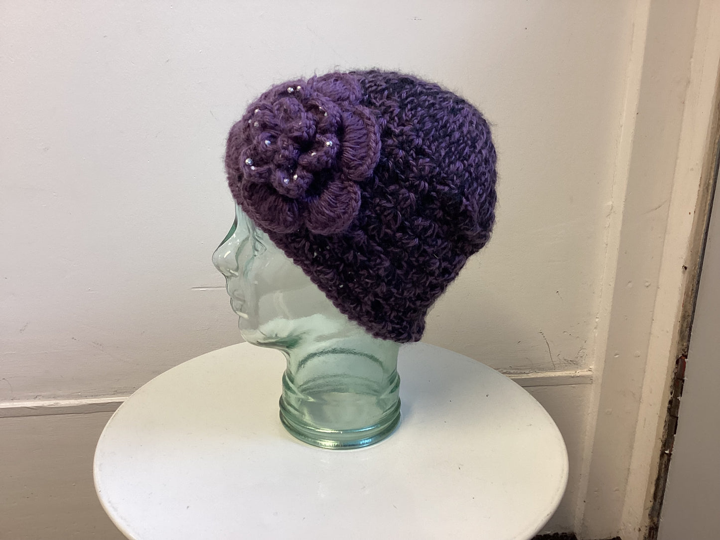 Purple knitted flower beanie hat