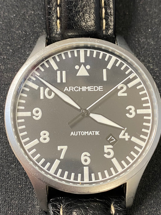 Archimede Pilot Sapphire Crystal Automatic Wrist Watch with Black Leather Strap
