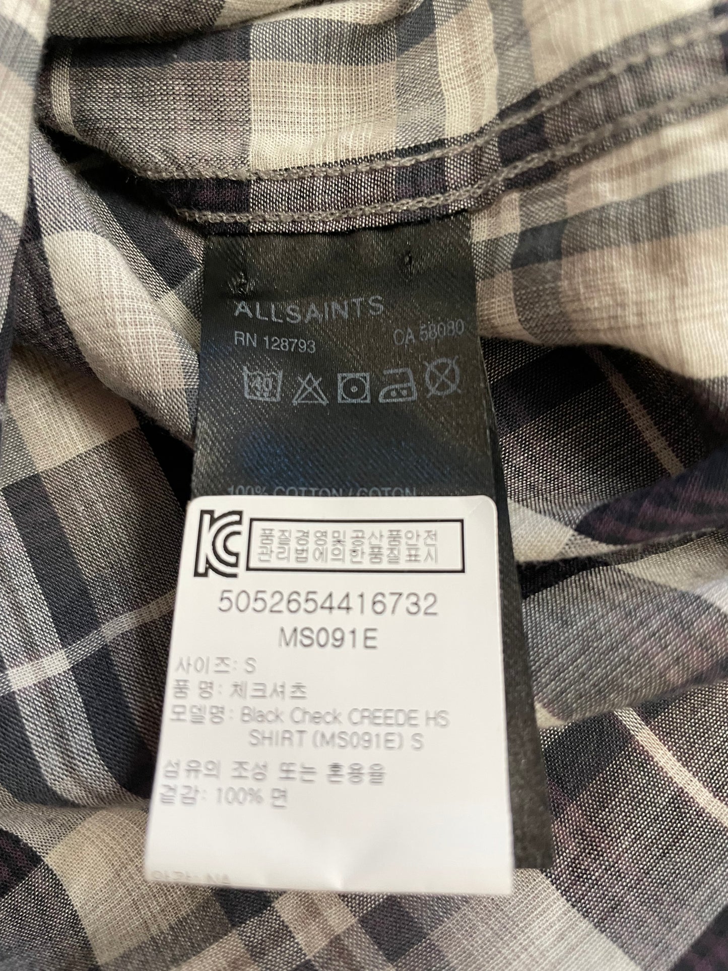 BNWT AllSaints Creede HS Shirt Black Check Size Small