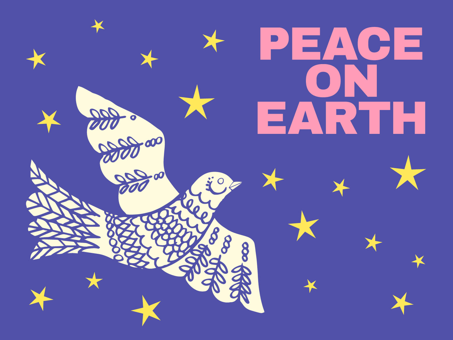 White dove design on a blue background with gold stars and 'Peace on Earth' in soft pink text.