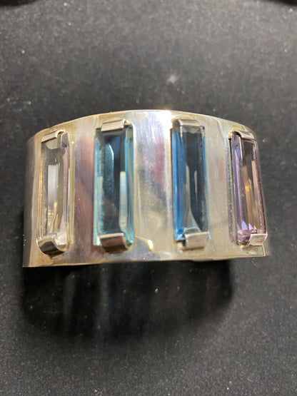 Kevin Oliver Vintage Silver 925 Cuff Bracelet with Rectangular Multi Coloured Stones
