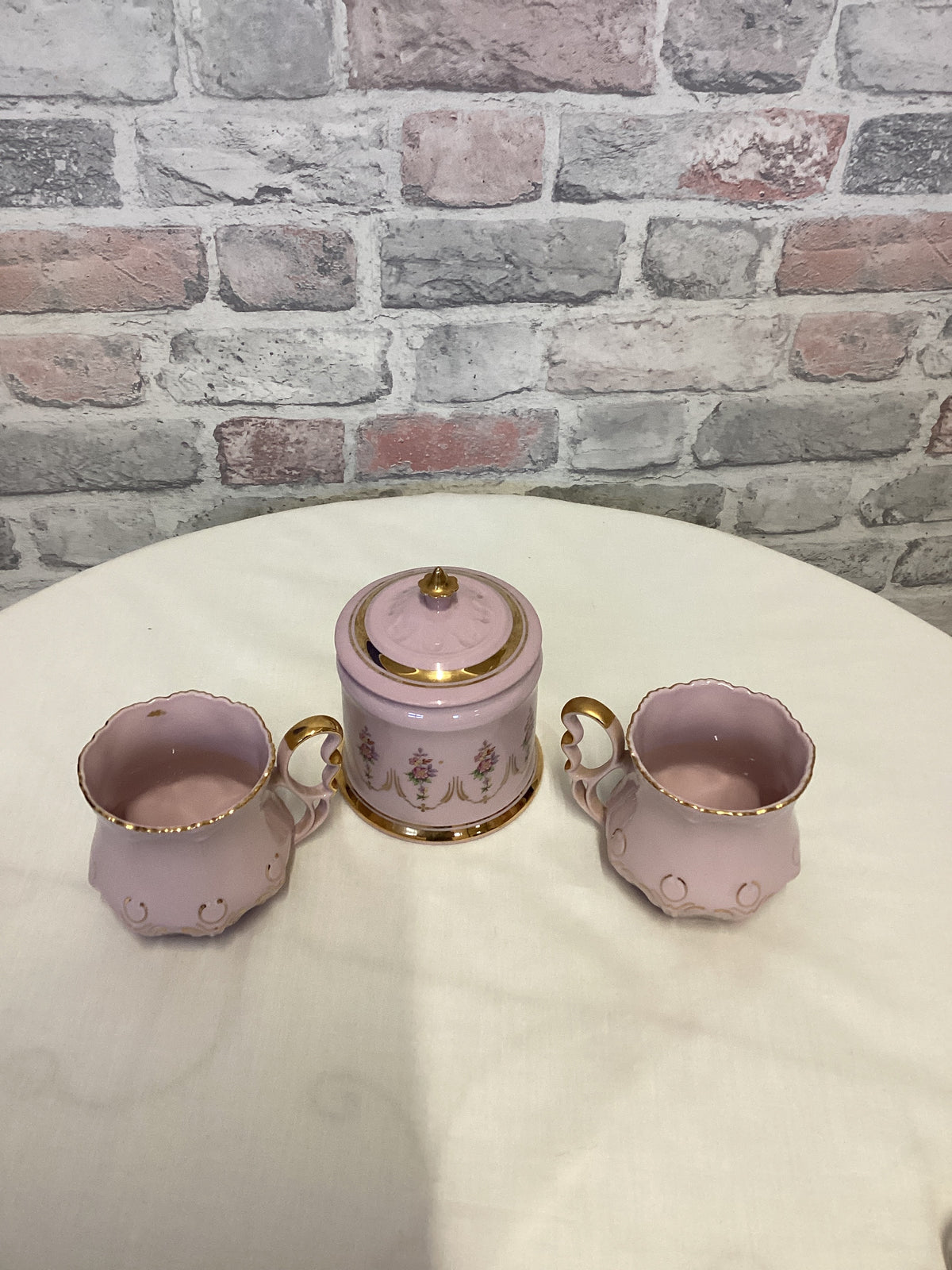 Pink Hand Painted Porcelain tea cups and sugar bowl set
