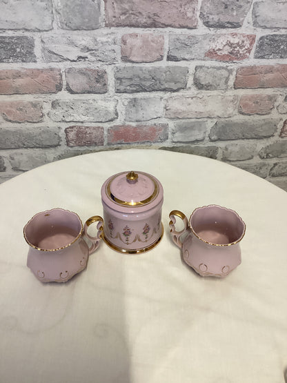 Pink Hand Painted Porcelain tea cups and sugar bowl set