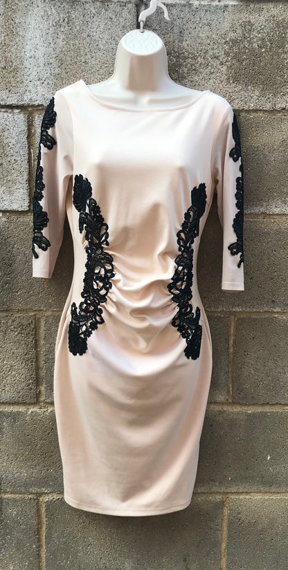 Lipsy Size 12 Beige MIDI Dress Mid Sleeve, V Neck Rear with Black Lace Design