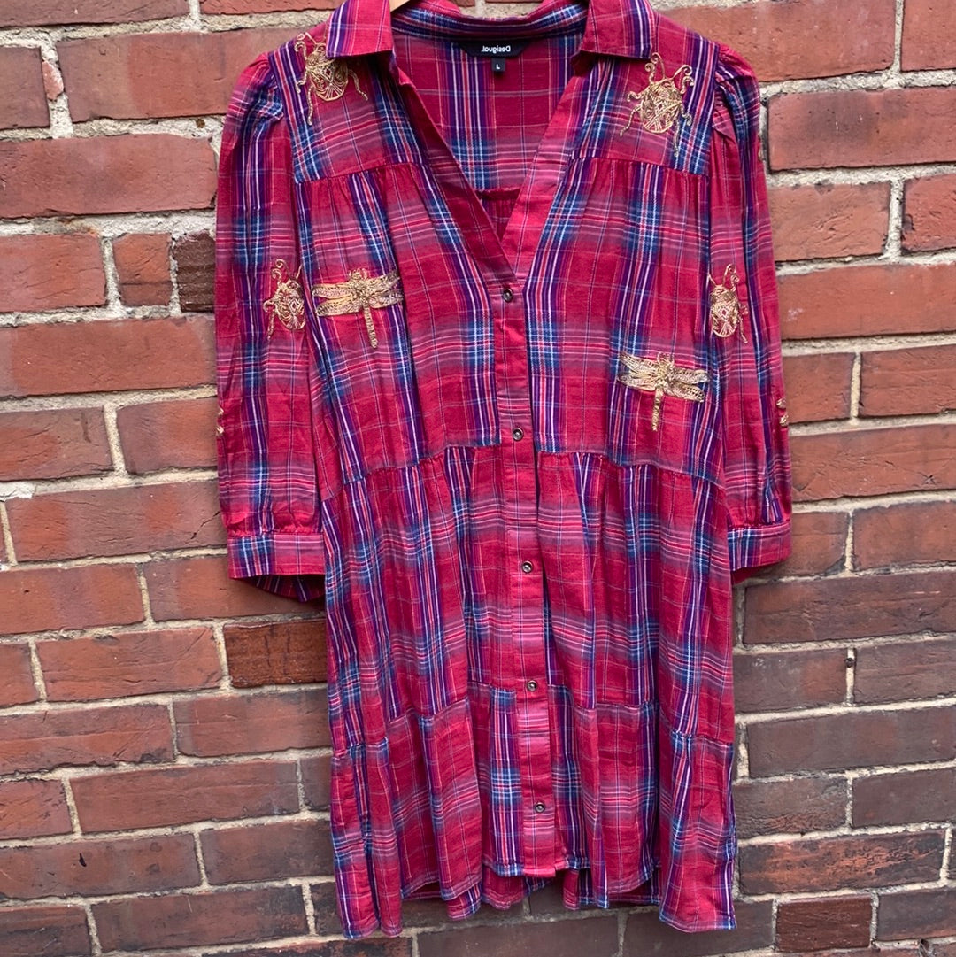 Desigual Red Checked Dress With Beetles And Dragonflies Size L – Shop ...