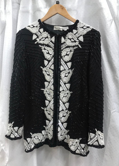 Frank Usher Pure Silk Embellished Vintage Black and White Jacket Size 10