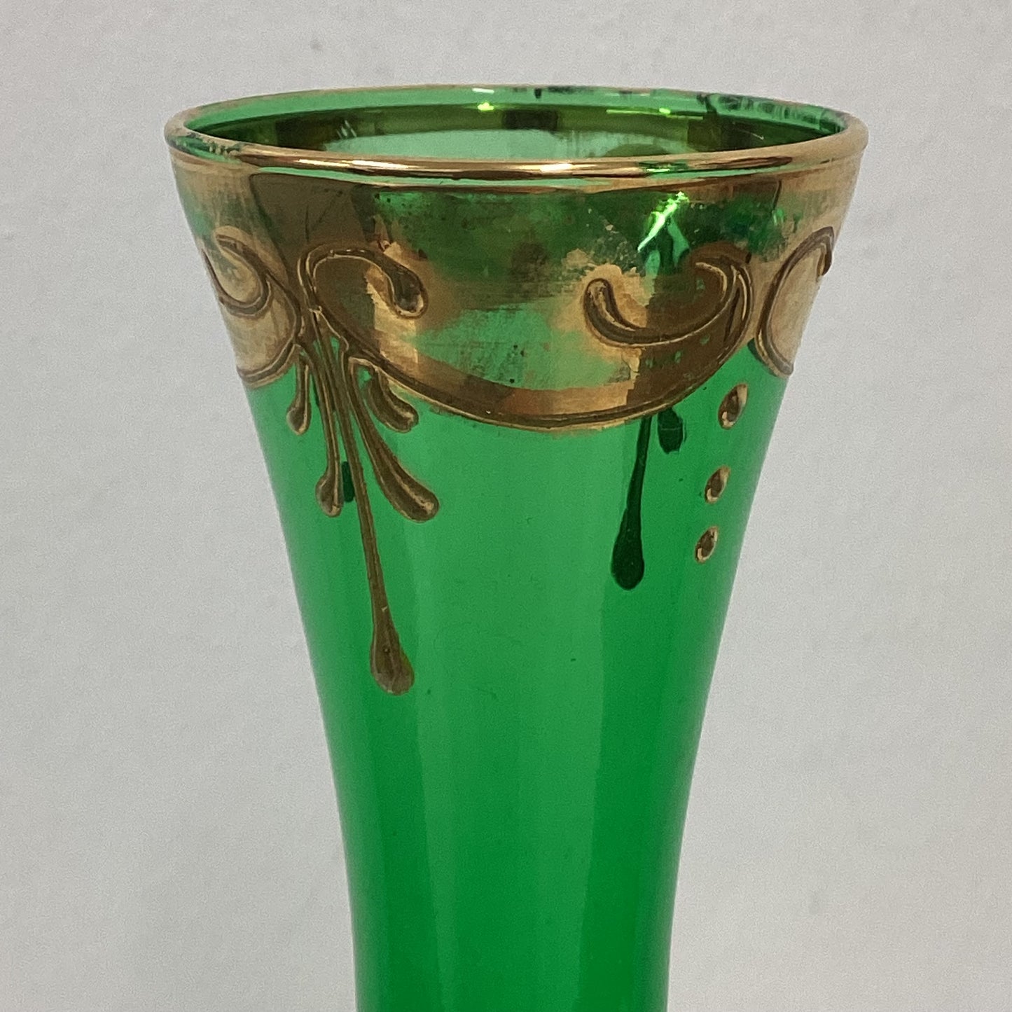 Gold Green Floral Murano Glass Bud Vase