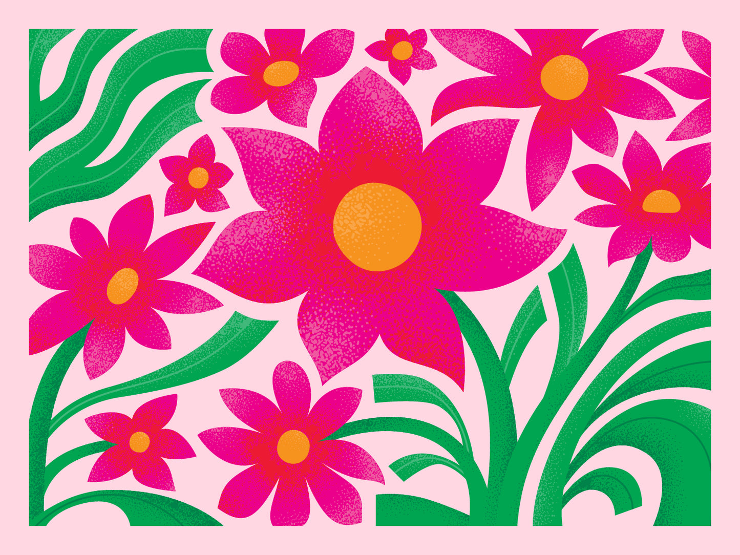 Colourful illustrated image of bright pink flowers with yellow centres and green foliage on a baby pink background.