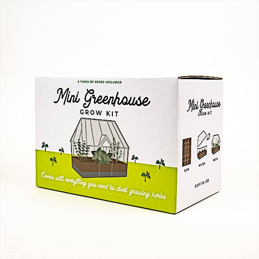 White cardboard box with text 'Mini Greenhouse Grow Kit' on the front, with a cartoon illustration of a green house.
