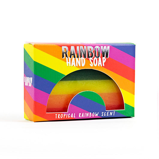 A striped rainbow box reading 'Rainbow Hand Soap', with a rainbow stripes soap visible through a cutout in the box.