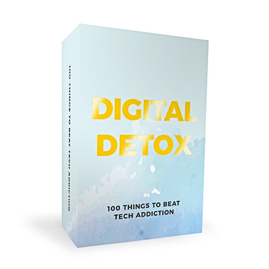 A blue pack of cards with gold writing that reads 'Digital Detox' on the front, with smaller black text that reads '100 things to beat tech addiction'