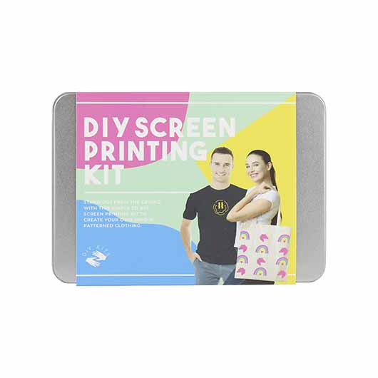 A silver tin with 'DIY SCREEN PRINTING KIT' written on a colourful sleeve.