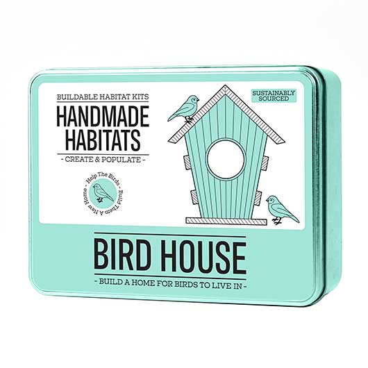 A blue and white tin, with title 'Bird House' and a drawing of a bird house with two birds on it.