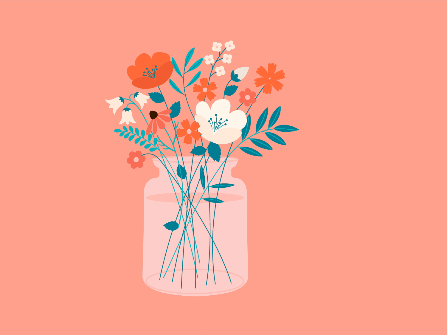 Orange, white and pink flowers in a vase against a peach background. White text appears reading 'Get Well Soon!'.
