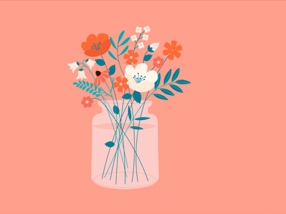 Orange, white and pink flowers in a vase against a peach background. White text appears reading 'Get Well Soon!'.