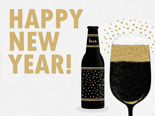 An image of a beer bottle and a wine glass in gold and black styling, with gold text: 'Happy New Year!'