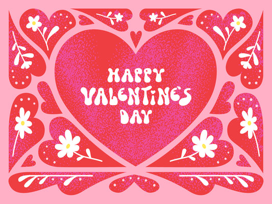 A 60s style illustration featuring a baby pink background filled with hearts and white daisy type flowers. In the centre is a large heart which contains the text 'Happy Valentine's Day.'