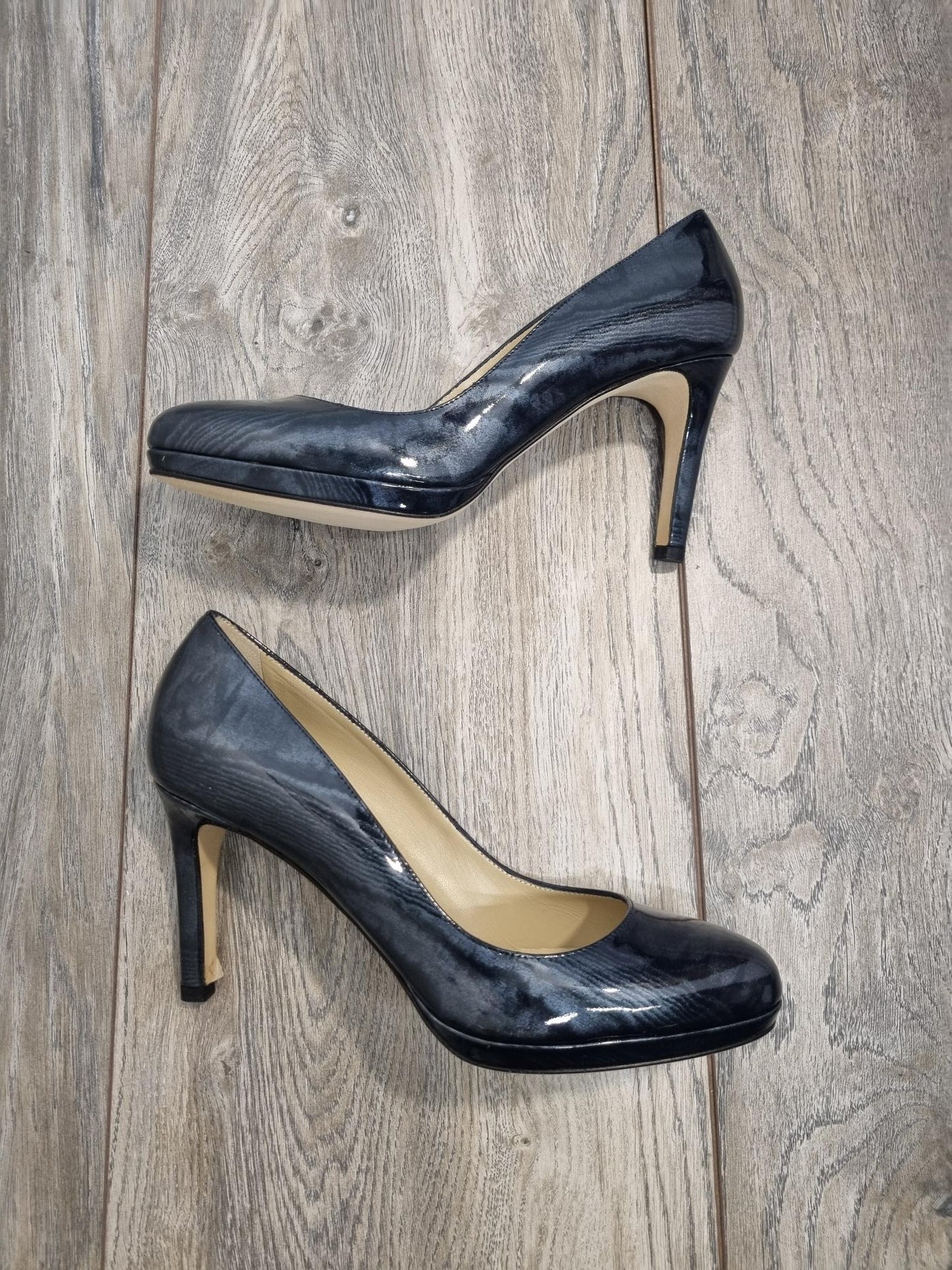 BNIB Hobbs London Julietta Patent Petrol Dark Blue Court Shoes Size 7.5