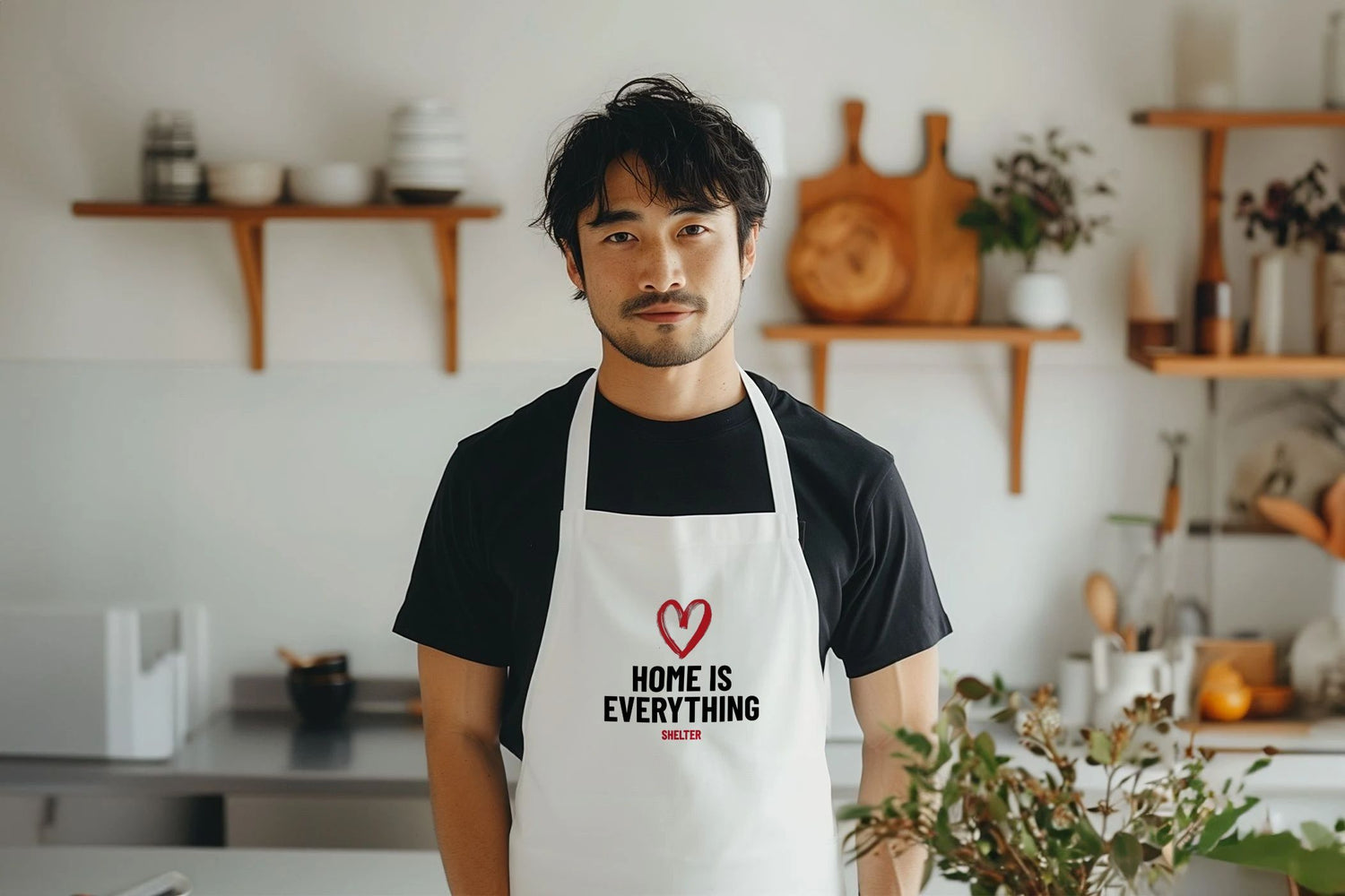 Man standing in a kitchen wearing a white apron with a red heart design above text which reads 'Home is Everything'