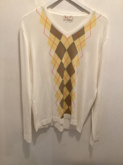 Pringle White, Yellow and Beige Men's Checked Sweater Medium