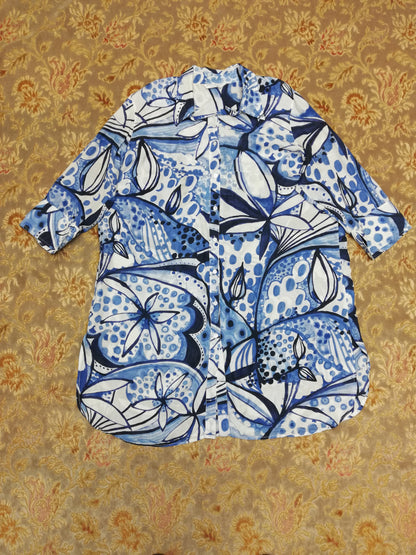 Marina Rinaldi Blue & White 100% Silk Shirt Dress Size L