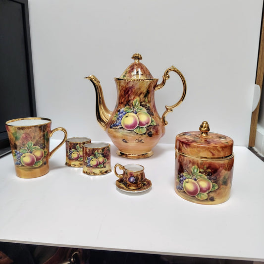 6 Pieces Vintage Ainsley Orchard Gold Baroness Fruit Pattern Coffee Pot Cups & Container Sugar Bowl