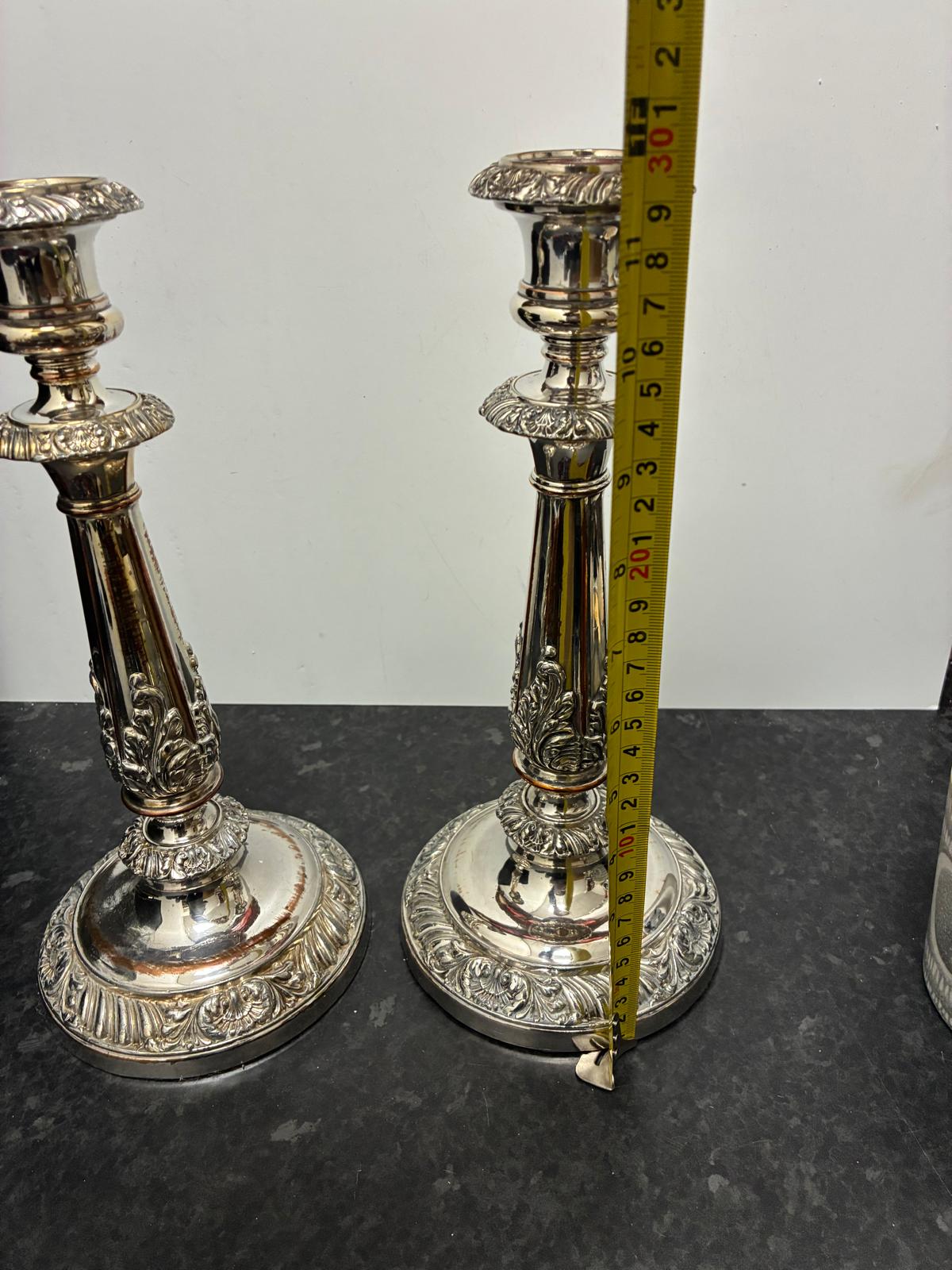 Pair Old Sheffield Plate Candlesticks 12 in Antique Georgian