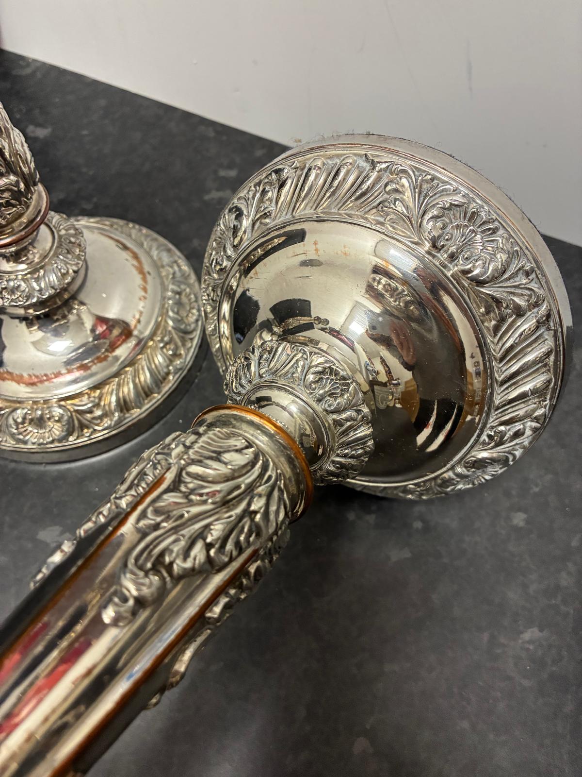 Pair Old Sheffield Plate Candlesticks 12 in Antique Georgian