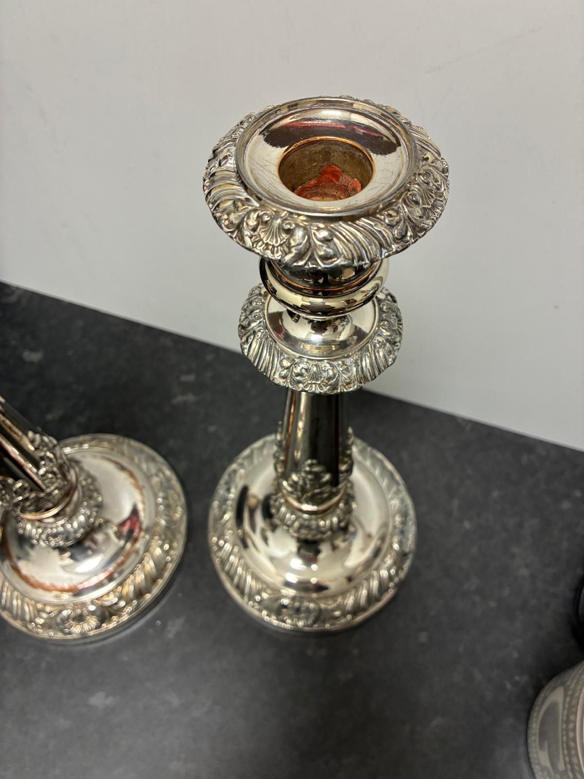 Pair Old Sheffield Plate Candlesticks 12 in Antique Georgian