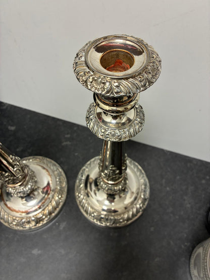 Pair Old Sheffield Plate Candlesticks 12 in Antique Georgian